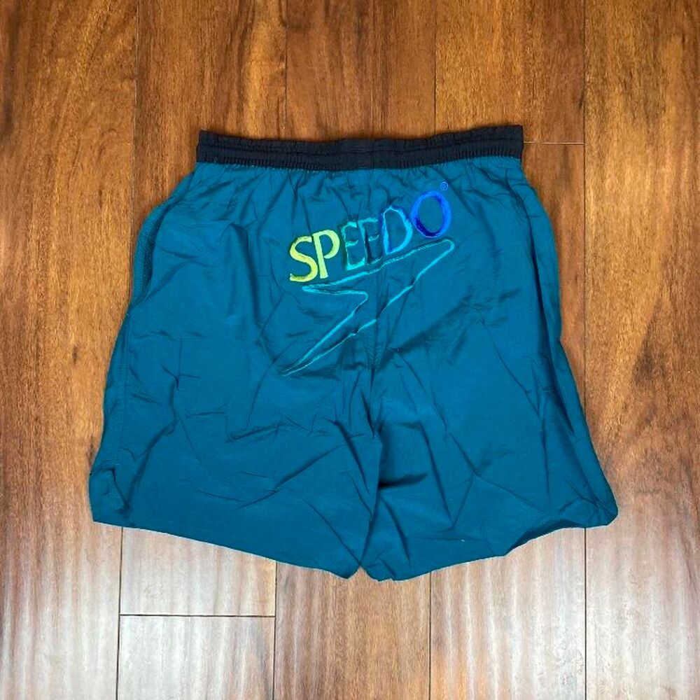 Vintage Speedo Aqua Blue Embroidered Swim Shorts Size S